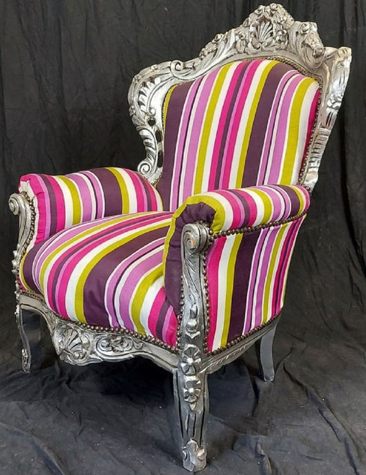 Barock Sessel mit Streifen Mehrfarbig / Silber - Handgefertigter Massivholz Wohnzimmer Sessel - Antik Stil Wohnzimmer Sessel - Barock Wohnzimmer Möbel - Ausstellungsstück!