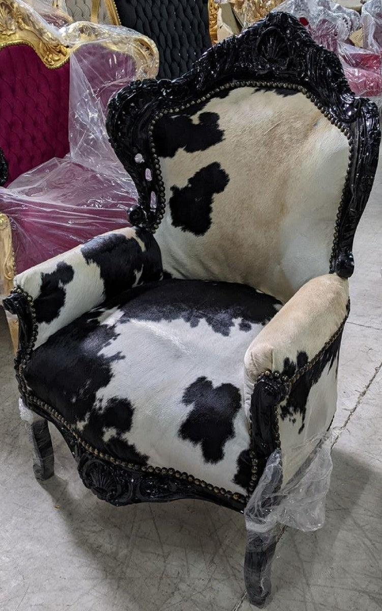 Barock Sessel Kuhfell / Schwarz - Handgefertigter Massivholz Wohnzimmer Sessel - Antik Stil Wohnzimmer Sessel - Wohnzimmer Möbel im Barockstil - Barock Möbel