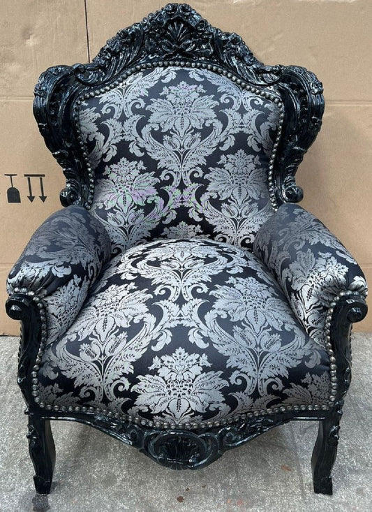Barock Sessel Silber Muster / Schwarz - Handgefertigter Massivholz Wohnzimmer Sessel - Antik Stil Wohnzimmer Sessel - Wohnzimmer Möbel im Barockstil - Barock Möbel