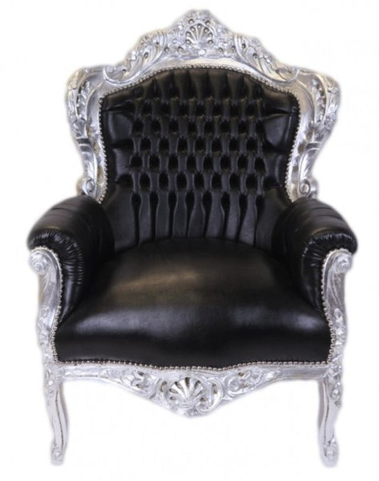 Barock Sessel King Schwarz / Silber Lederoptik - Möbel Antik Stil