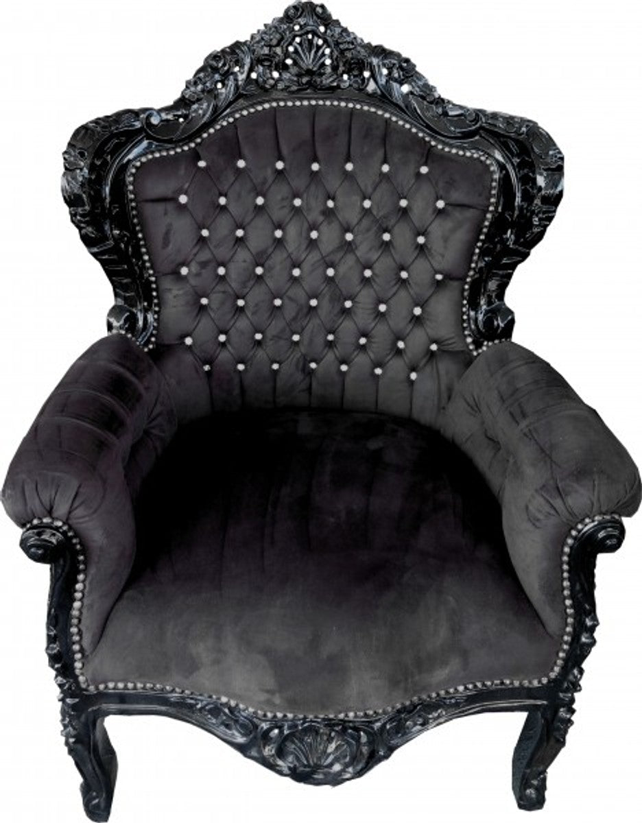 Barock Sessel King Schwarz / Schwarz mit Bling Bling Glitzersteinen - Möbel Antik Stil