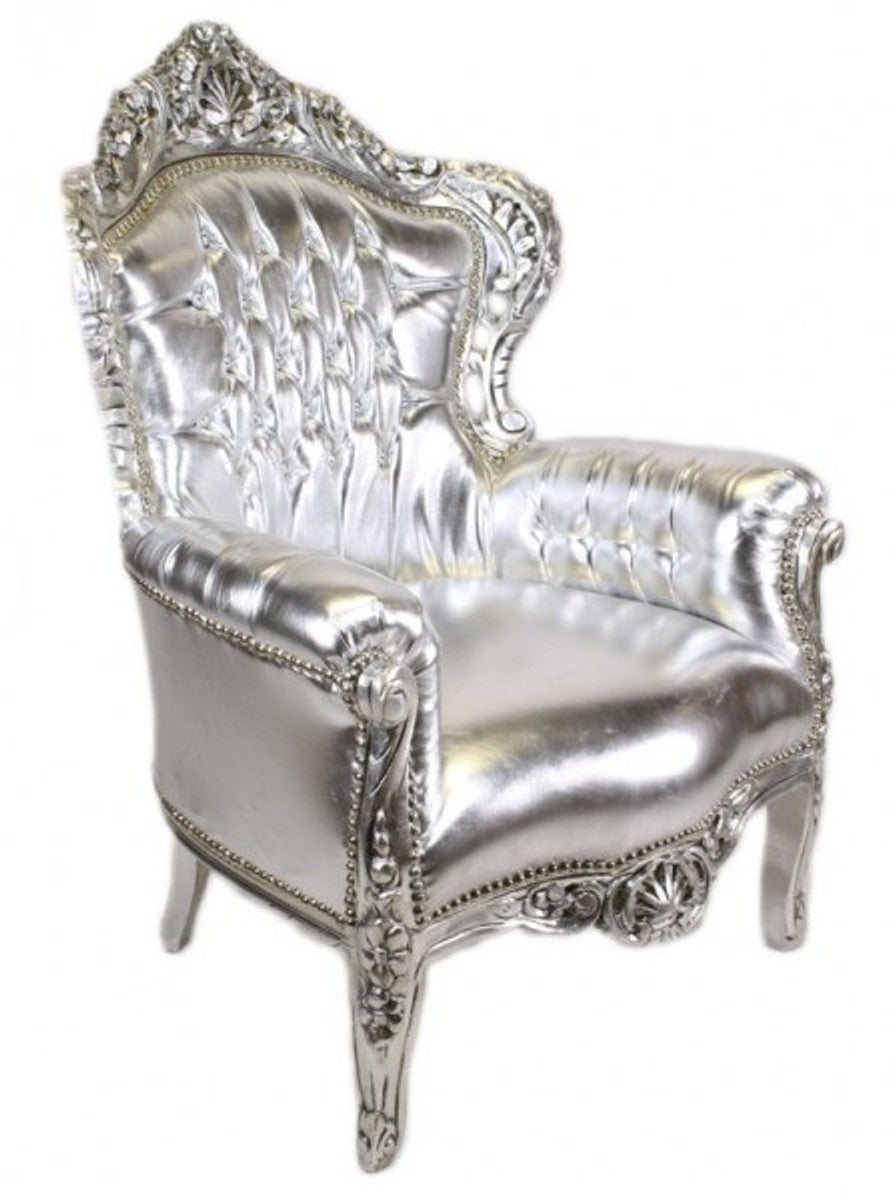 Barock Sessel King Silber / Silber Lederoptik mit Bling Bling Glitzersteinen