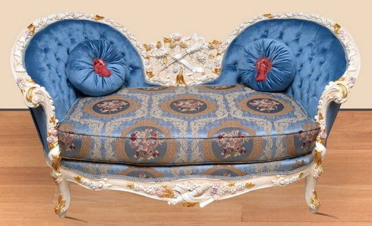 Barock Sofa Blau Muster / Creme / Weiß / Gold - Handgefertigtes Wohnzimmer Sofa im Barockstil - Prunkvolle Barock Wohnzimmer Möbel