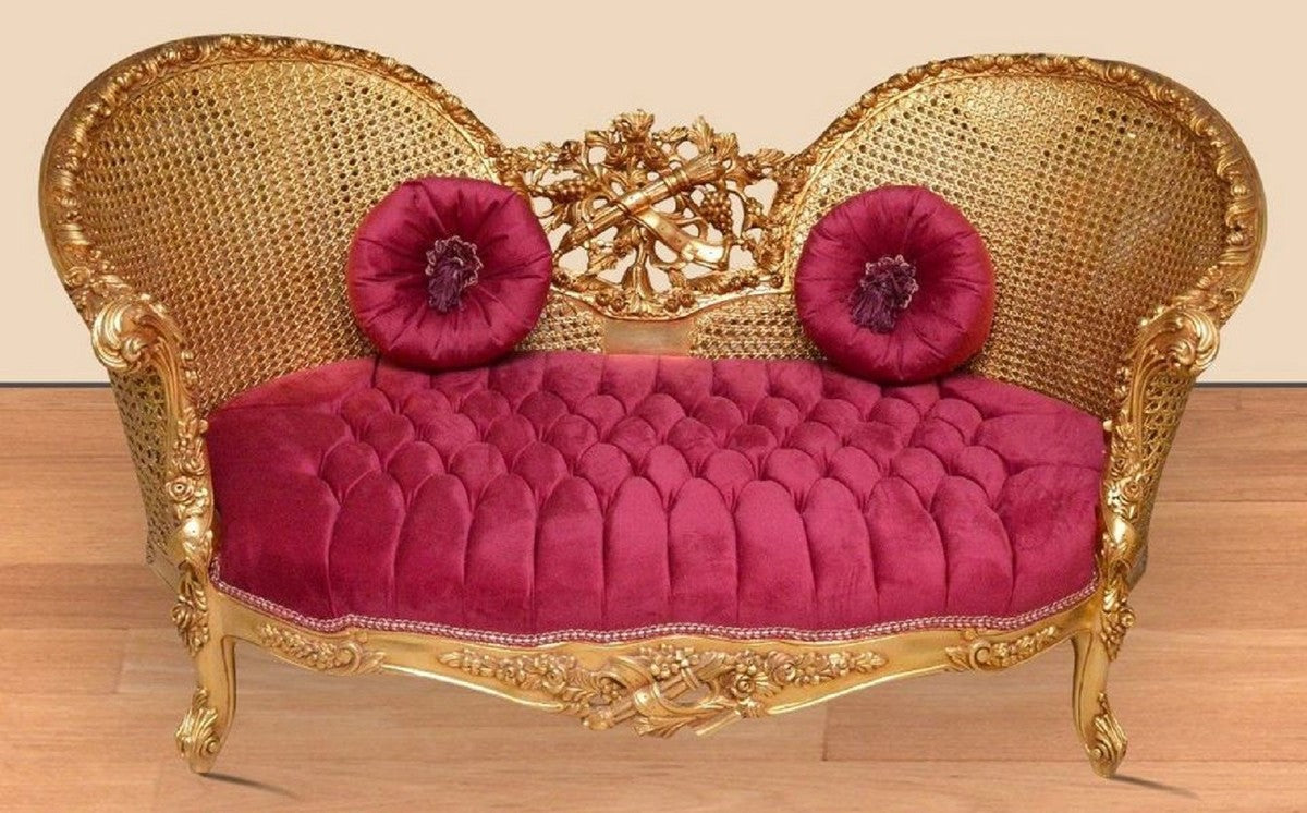 Barock Sofa Bordeauxrot / Gold - Handgefertigtes Wohnzimmer Sofa im Barockstil - Prunkvolle Barock Wohnzimmer Möbel