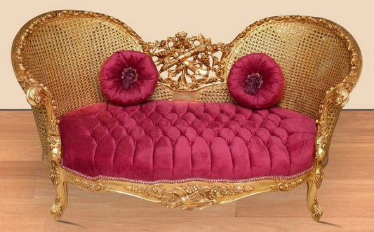 Barock Sofa Bordeauxrot / Gold - Handgefertigtes Wohnzimmer Sofa im Barockstil - Prunkvolle Barock Wohnzimmer Möbel
