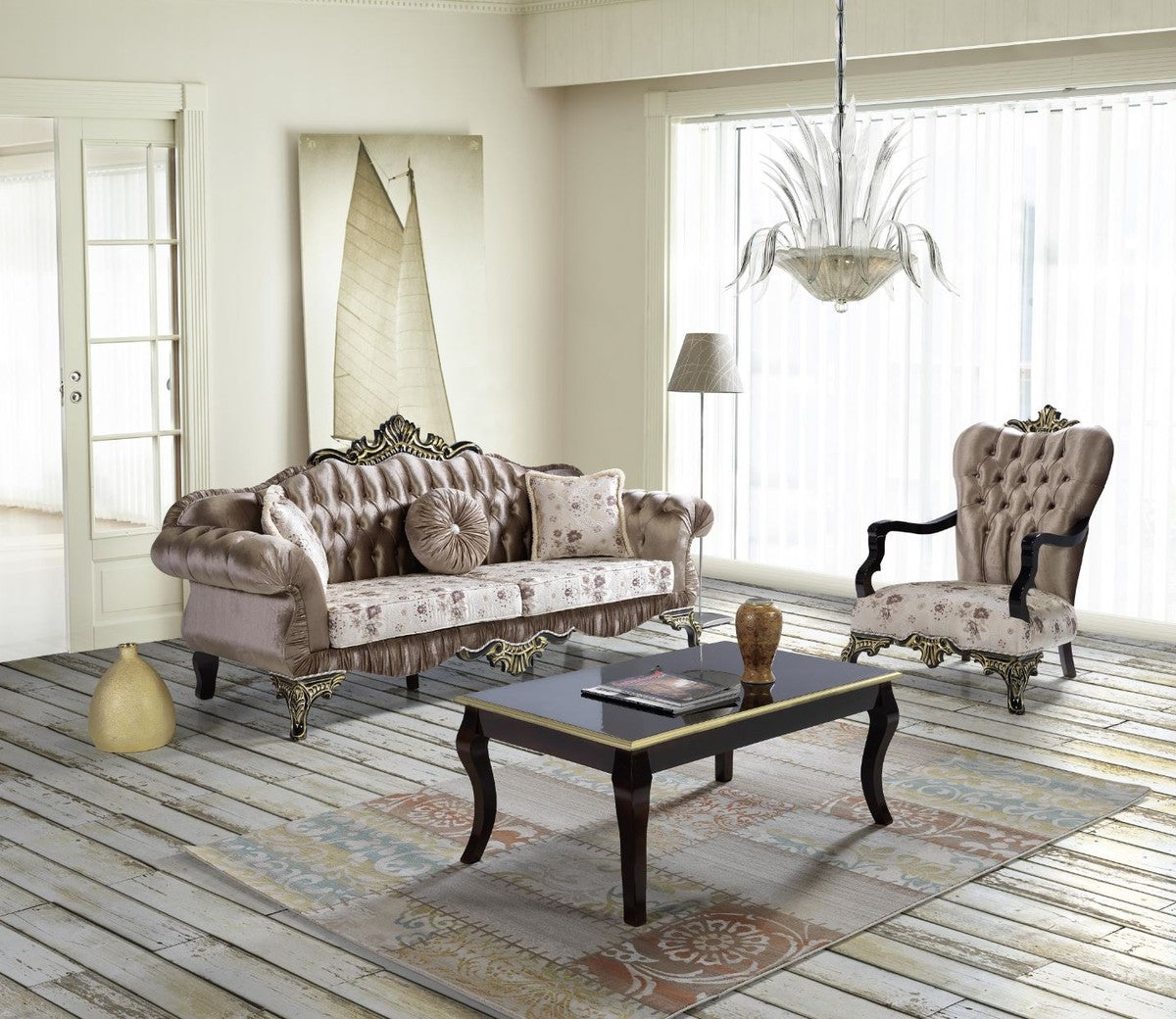 Barock Sofa Braun / Beige / Schwarz / Gold 227 x 81 x H. 110 cm - Prunkvolles Wohnzimmer Sofa mit Blumenmuster - Barockstil Möbel