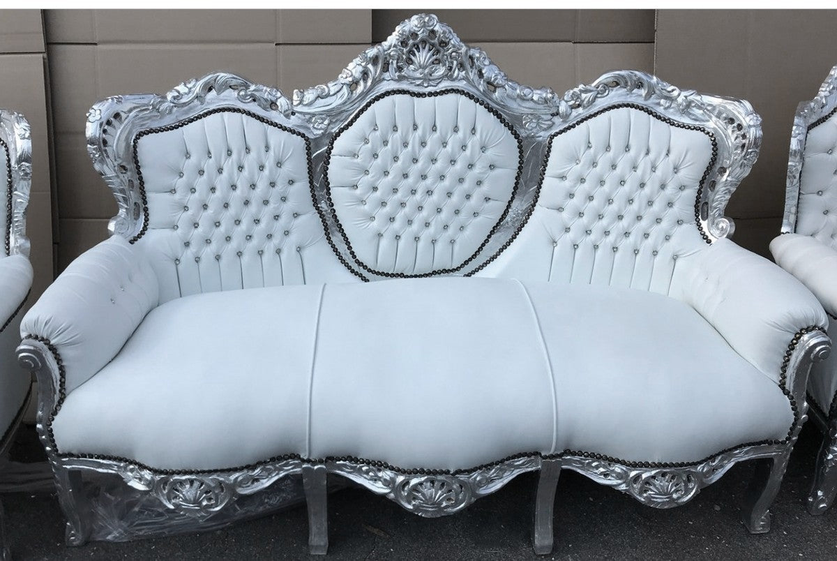Barock Sofa Garnitur Weiß Lederoptik / Silber + 2 Sessel mit Glitzersteinen - Wohnzimmer Barock