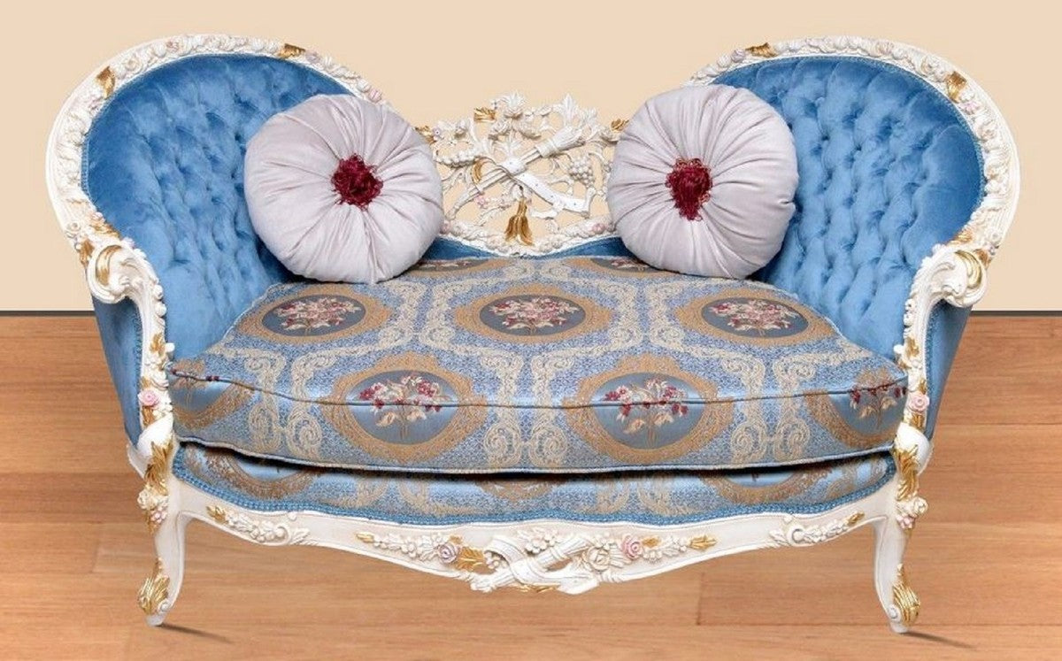 Barock Sofa Blau Muster / Weiß / Gold - Handgefertigtes Wohnzimmer Sofa im Barockstil - Prunkvolle Barock Wohnzimmer Möbel