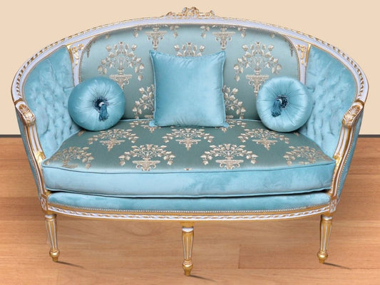 Barock Sofa Türkis Muster / Weiß / Gold - Handgefertigtes Wohnzimmer Sofa im Barockstil - Prunkvolle Barock Wohnzimmer Möbel