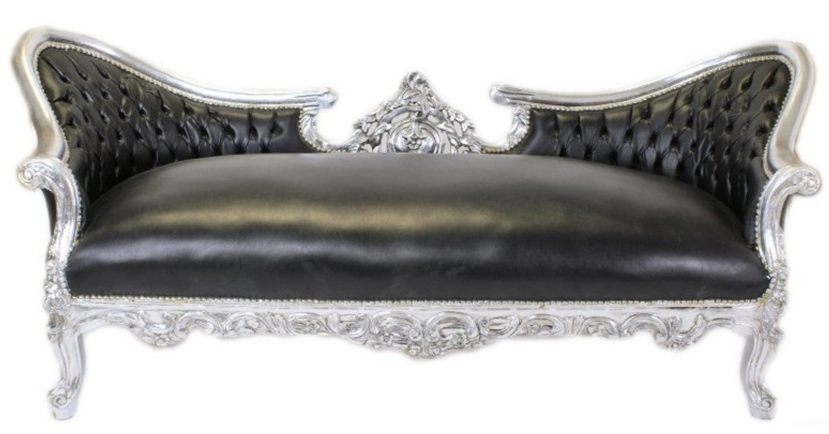 Barock Sofa Vampire Schwarz Lederoptik / Silber - Limited Edition - Lounge Couch
