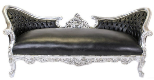 Barock Sofa Vampire Schwarz Lederoptik / Silber - Limited Edition - Lounge Couch