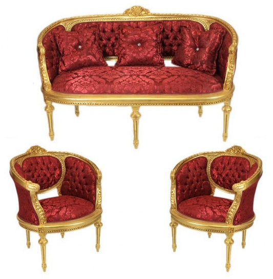 Barock Wohnzimmer Set Marseille Bordeaux Muster / Gold - Sofa + 2 Sessel