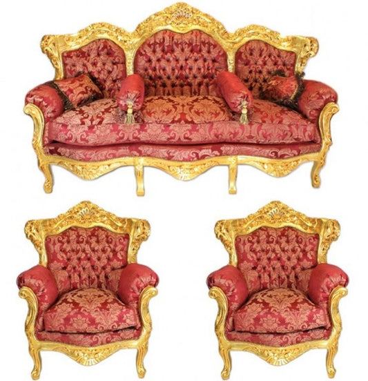 Barock Wohnzimmer Set Bordeaux Bouquet Muster / Gold - 3er Sofa + 2 Sessel