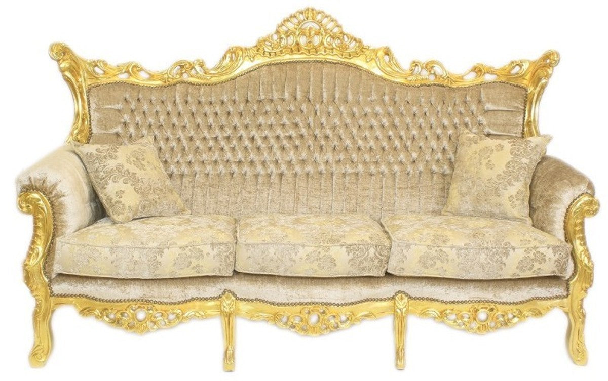 Barock Wohnzimmer Set Master Creme Samtstoff / Gold - 3er Sofa + 2 Sessel - Limited Edition!