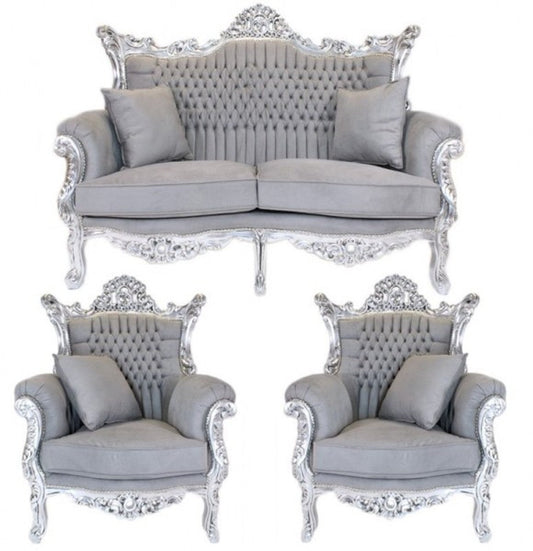 Barock Wohnzimmer Set Master Grau / Silber - 2er Sofa + 2 Sessel