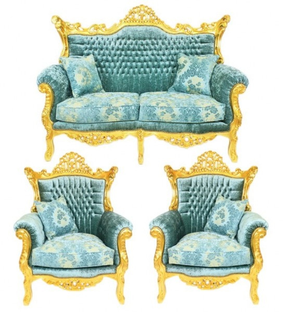 Barock Wohnzimmer Set Master Türkis-Blau Muster Samtstoff / Gold - 2er Sofa + 2 Sessel - Limited Edition!