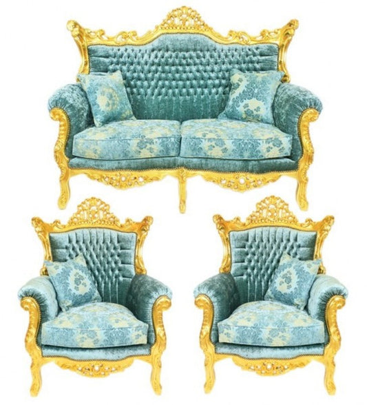 Barock Wohnzimmer Set Master Türkis-Blau Muster Samtstoff / Gold - 2er Sofa + 2 Sessel - Limited Edition!