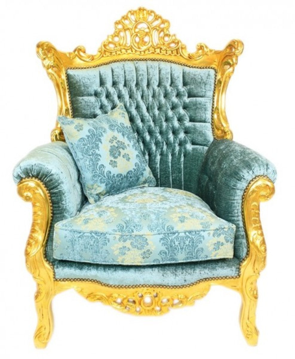 Barock Wohnzimmer Set Master Türkis-Blau Muster Samtstoff / Gold - 2er Sofa + 2 Sessel - Limited Edition!
