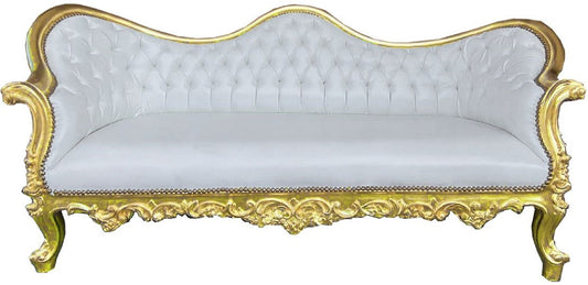 Barock Sofa Vampire Weiß / Gold 200 x 75 x H. 82 cm - Handgefertigte Lounge Couch mit edlem Kunstleder - Barock Wohnzimmer Möbel