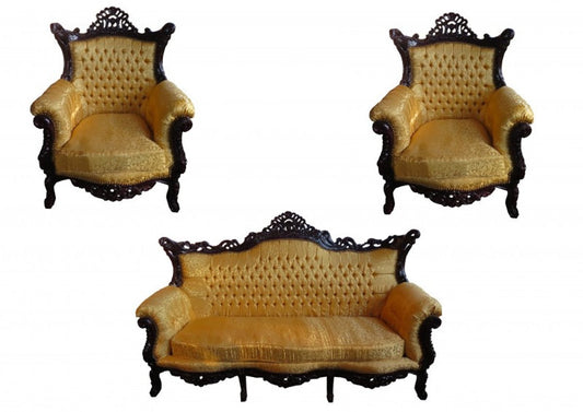 Barock Wohnzimmer Set Master Gold Muster / Mahagoni Braun - 3er Sofa + 2 Sessel