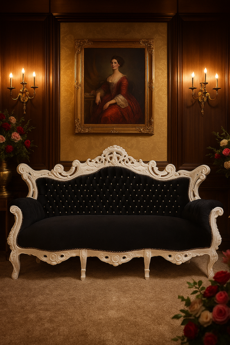 Barock Sofa mit Glitzersteinen Schwarz / Weiß - Handgefertigtes Antik Stil Wohnzimmer Sofa - Antik Stil Wohnzimmer Möbel - Barock Wohnzimmer Möbel - Edel & Prunkvoll