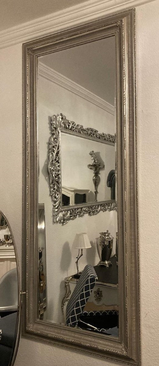 Barock Spiegel Silber - Rechteckiger Wandspiegel im Barockstil - Handgefertigter Barock Garderoben Spiegel - Barock Möbel - Barock Interior - Edel & Prunkvoll