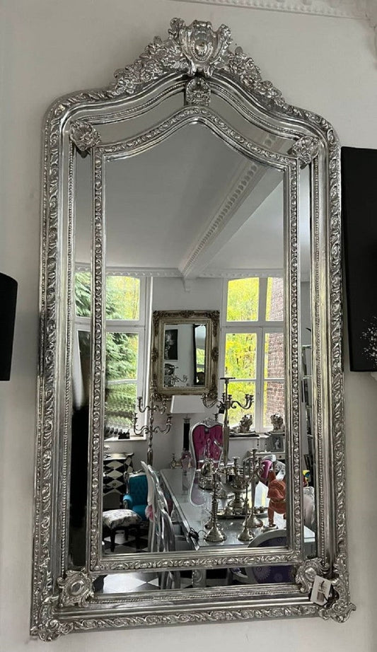 Barock Spiegel Silber - Rechteckiger Wandspiegel im Barockstil - Handgefertigter Barock Garderoben Spiegel - Barock Interior - Barock Möbel - Edel & Prunkvoll