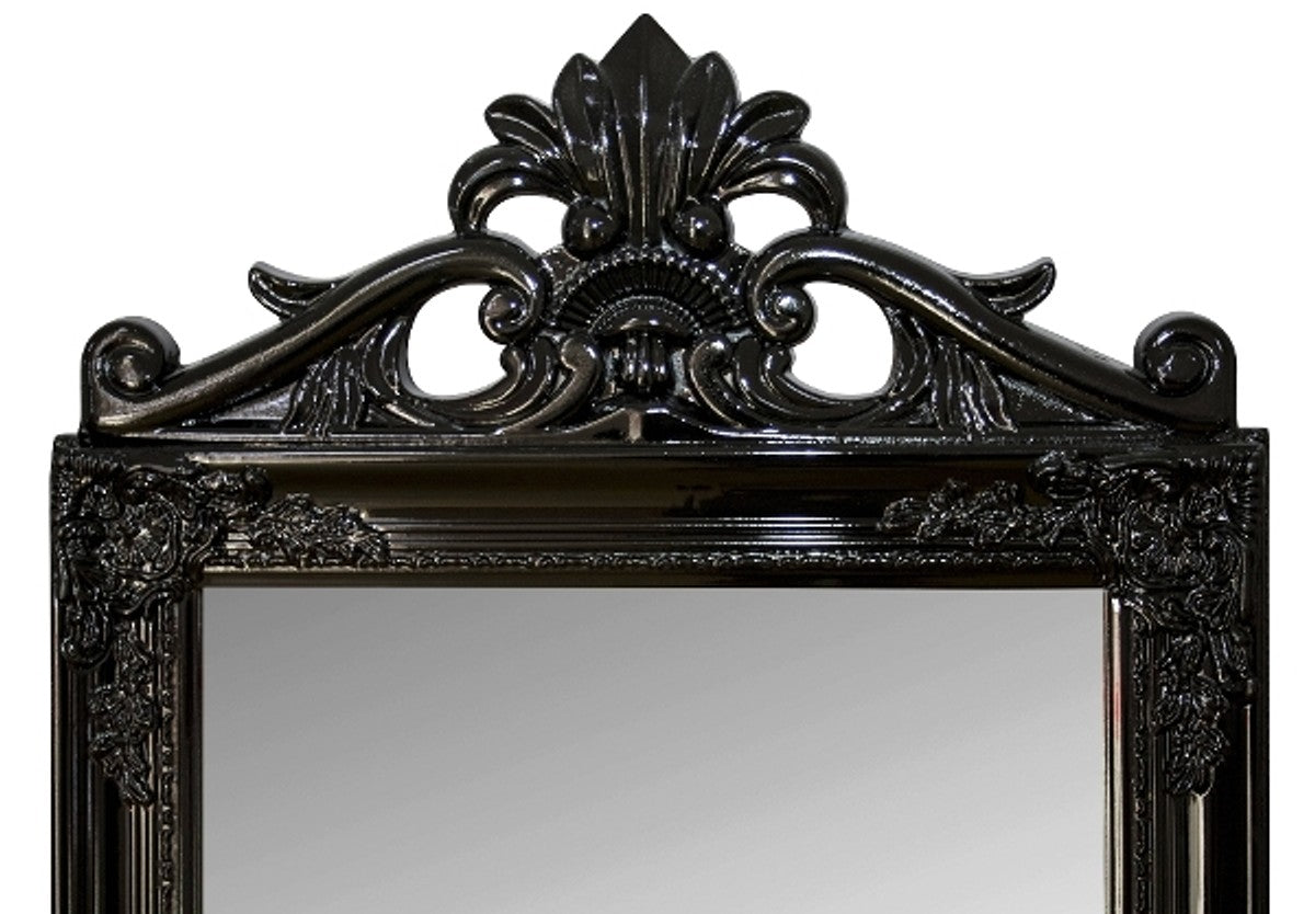 Barock Standspiegel Schwarz mit wunderschönen Barockrahmen und Ornamentaufsatz H. 180 cm - Handgefertigt
