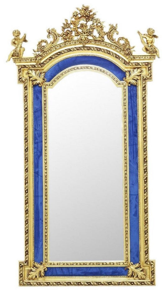 Barock Standspiegel mit dekorativen Engelsfiguren Royalblau / Gold - Handgefertigter Massivholz Spiegel im Barockstil - Barock Möbel - Edel & Prunkvoll