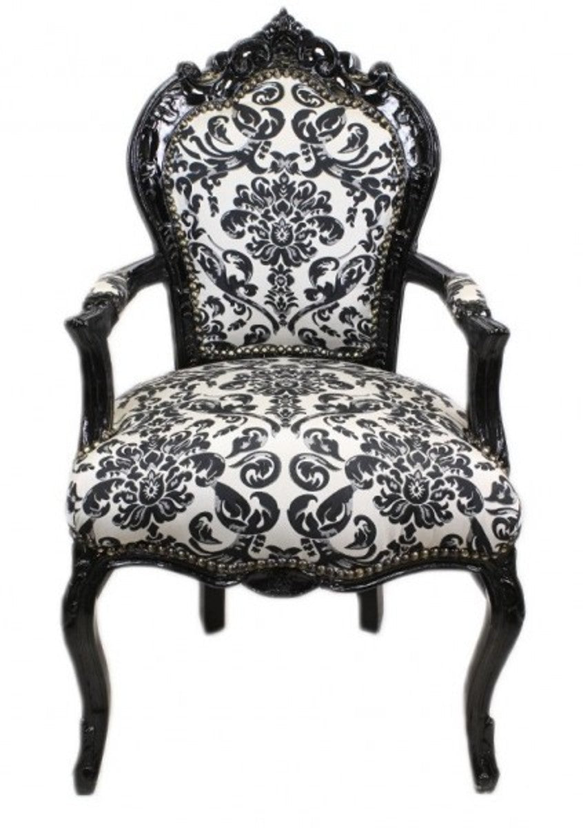 Barock Esszimmer Stuhl Blumen Muster Schwarz / Weiß mit Armlehnen