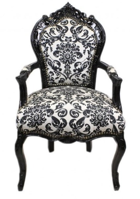 Barock Esszimmer Stuhl Blumen Muster Schwarz / Weiß mit Armlehnen