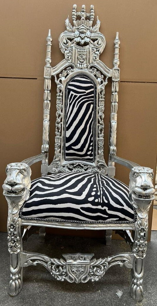 Barock Thron Sessel Schwarz / Weiß / Silber - Prunkvoller Barockstil Königssessel mit edlem Samtstoff im Zebra Design - Barockstil Hochzeitssessel - Barock Riesensessel - Barock Möbel