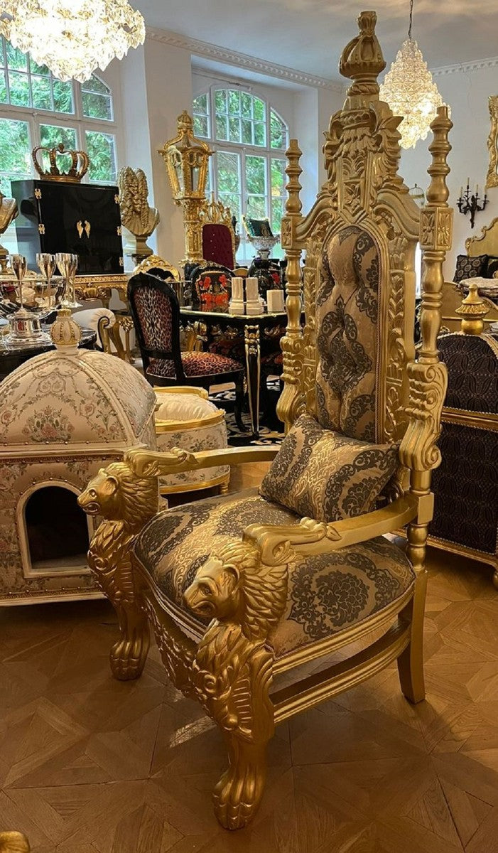 Pompöös by Luxus Barock Thron Sessel Krone Gold / Grau / Gold - designed by Harald Glööckler
