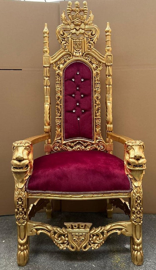 Barock Thron Sessel Bordeauxrot / Gold - Prunkvoller Barockstil Königssessel mit Glitzersteinen und edlem Samtstoff - Barockstil Hochzeitssessel - Barock Riesensessel - Barock Möbel