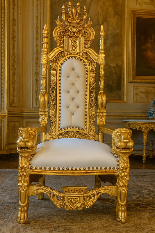 Barock Thron Sessel mit Kunstleder und Glitzersteinen Weiß / Gold - Handgefertigter Königssessel - Prunkvoller Hochzeitssessel - Barock Riesensessel - Barock Möbel