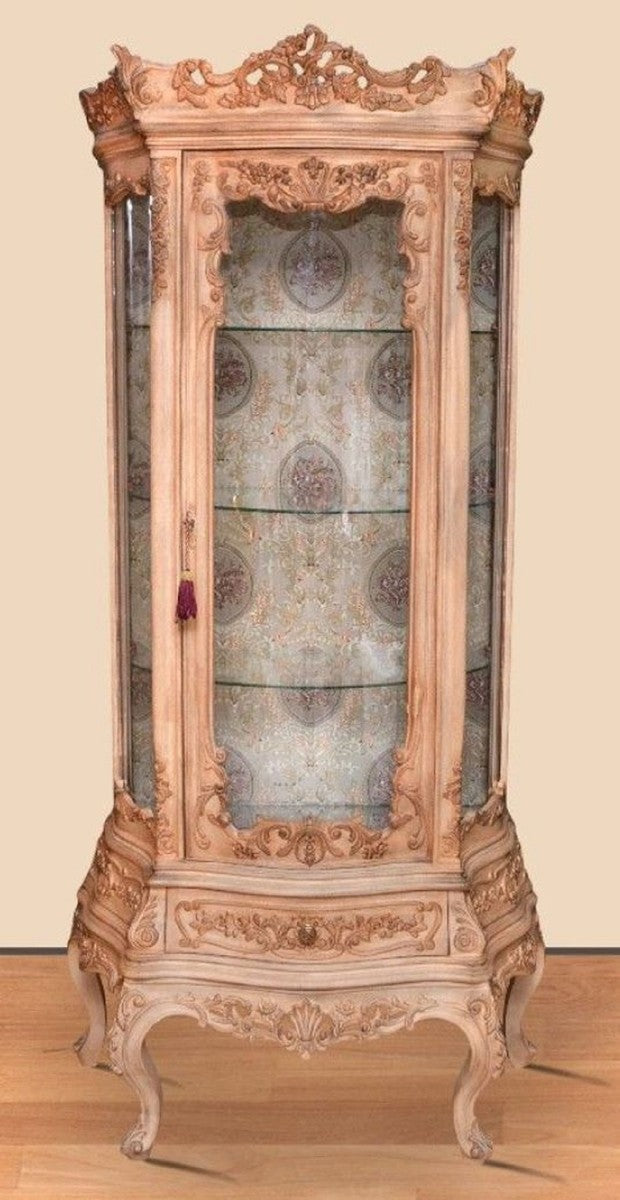 Barock Vitrine Naturfarben - Prunkvoller Barock Vitrinenschrank mit Glastür und Schublade - Handgefertigte Barock Wohnzimmer Möbel
