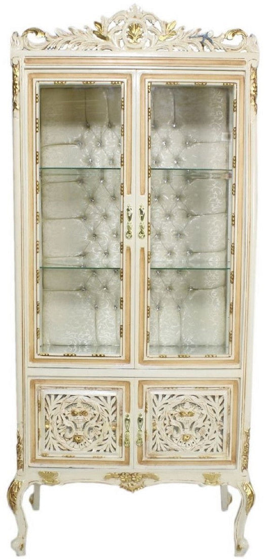 Barock Vitrine Cremefarben / Beige / Gold 100 x 40 x H. 170 cm - Prunkvoller Barock Vitrinenschrank mit 2 Glastüren wunderschönen Verzierungen und Glitzersteinen