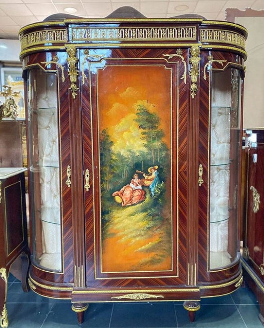 Barock Vitrine Braun / Mehrfarbig / Gold - Handgefertigter Massivholz Antik Stil Vitrinenschrank mit 3 Türen - Antik Stil Möbel - Barock Möbel - Wohnzimmer Möbel im Barockstil