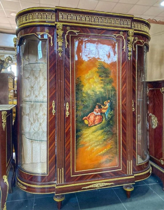 Barock Vitrine Braun / Mehrfarbig / Gold - Handgefertigter Massivholz Vitrinenschrank mit 3 Türen - Barock Möbel - Edel & Prunkvoll