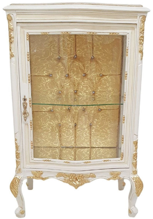 Barock Vitrine Weiß / Creme / Gold - Handgefertigter Massivholz Vitrinenschrank mit Glitzersteinen und Marmorplatte - Wohnzimmer Möbel im Barockstil - Barock Möbel