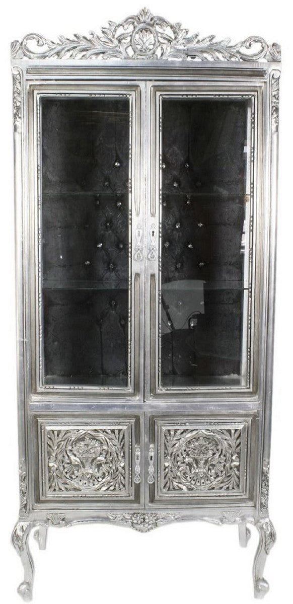 Barock Vitrine Silber / Schwarz 100 x 40 x H. 170 cm - Prunkvoller Barock Vitrinenschrank mit 2 Glastüren wunderschönen Verzierungen und Glitzersteinen
