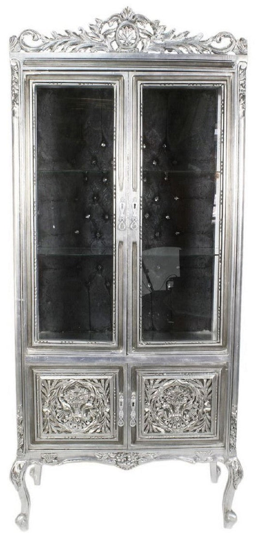 Barock Vitrine Silber / Schwarz 100 x 40 x H. 170 cm - Prunkvoller Barock Vitrinenschrank mit 2 Glastüren wunderschönen Verzierungen und Glitzersteinen
