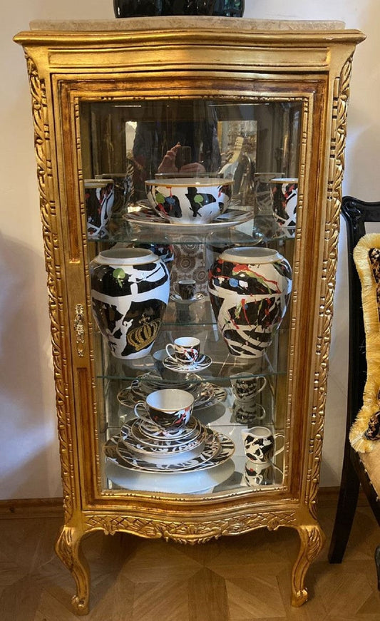 Barock Vitrine Gold / Creme - Handgefertigter Massivholz Vitrinenschrank mit Glastür und Marmorplatte - Wohnzimmer Möbel im Barockstil - Barock Möbel - Barock Einrichtung