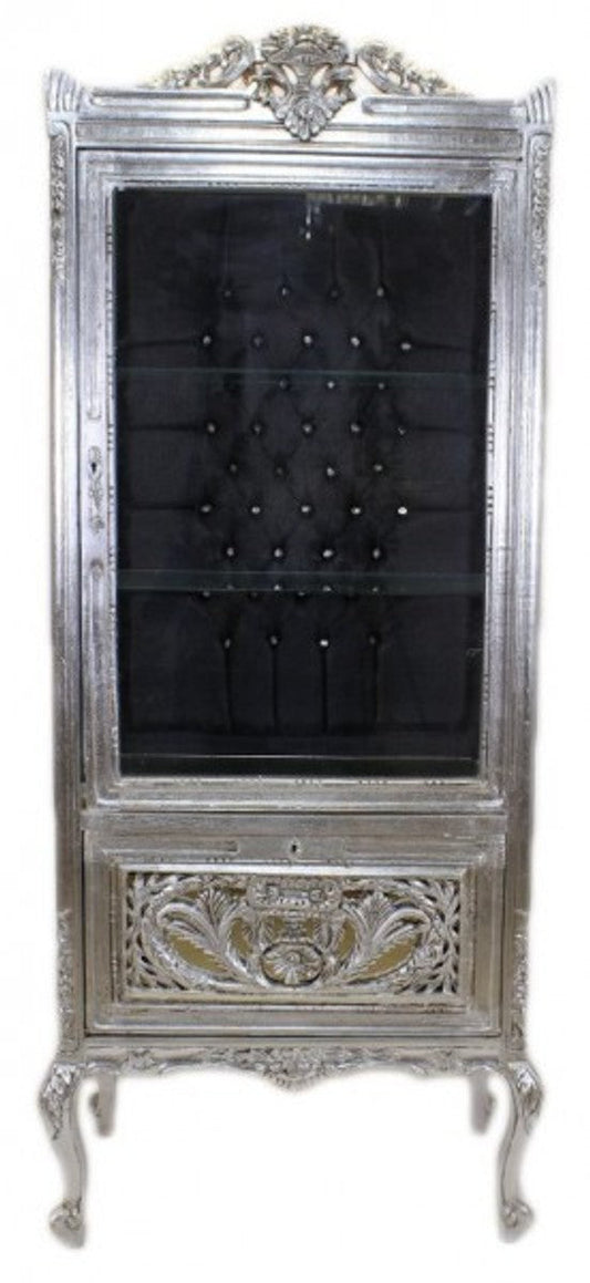 Barock Vitrine Silber / Schwarz - Vitrinenschrank - Wohnzimmerschrank Glasvitrine