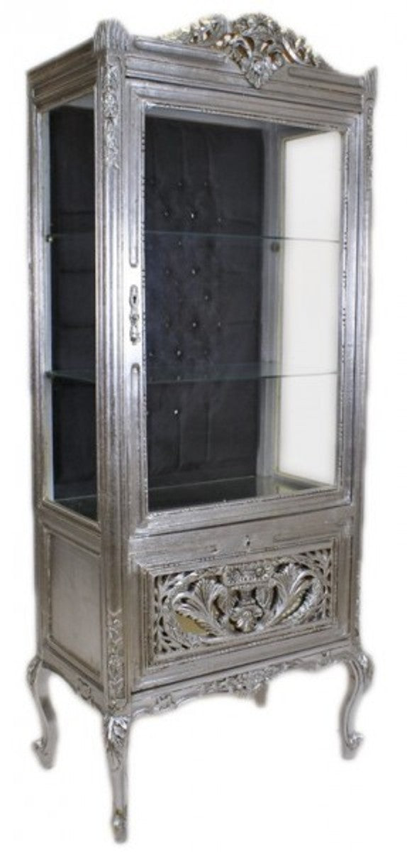 Barock Vitrine Silber / Schwarz - Vitrinenschrank - Wohnzimmerschrank Glasvitrine