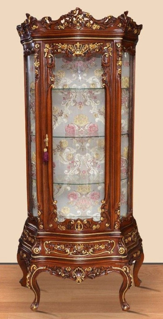 Barock Vitrine Braun / Gold - Prunkvoller Barock Vitrinenschrank mit Glastür und Schublade - Handgefertigte Barock Wohnzimmer Möbel