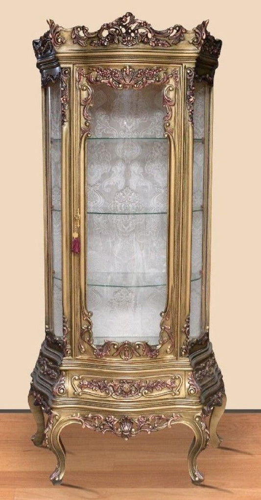Barock Vitrine Antik Gold - Prunkvoller Barock Vitrinenschrank mit Glastür und Schublade - Handgefertigte Barock Wohnzimmer Möbel