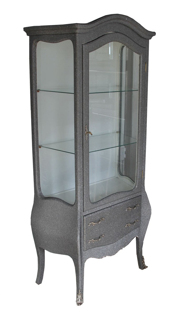 Barock Vitrine in Grau/Silber Glitzerlook - Vitrinenschrank - Wohnzimmerschrank