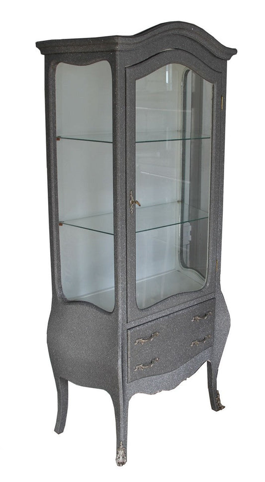 Barock Vitrine in Grau/Silber Glitzerlook - Vitrinenschrank - Wohnzimmerschrank