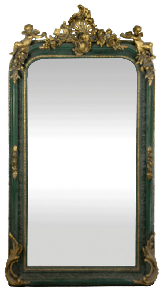 Barock Wandspiegel Grün / Antik Gold 85 x H. 160 cm - Prunkvoller Barock Spiegel mit wunderschönen Verzierungen und dekorativen Engelsfiguren